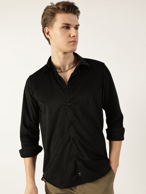Thomas Scott Men Black Classic Spread Collar Textured Solid Slim Fit Casual Shirt