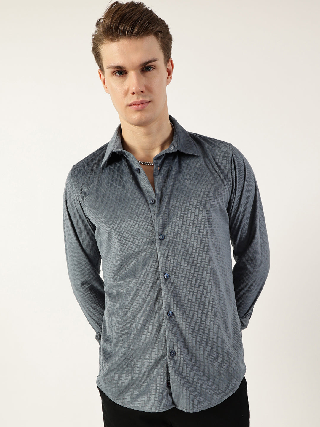 Thomas Scott Men Grey Classic Spread Collar Textured Solid Slim Fit Casual Shirt