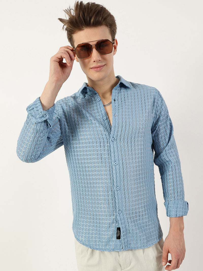 Thomas Scott Men Blue Premium Spread Collar Textured Solid Slim Fit Casual Shirt
