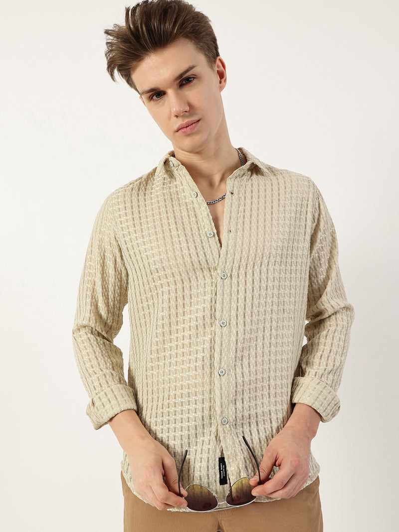 Thomas Scott Men Light Green Premium Spread Collar Textured Solid Slim Fit Casual Shirt