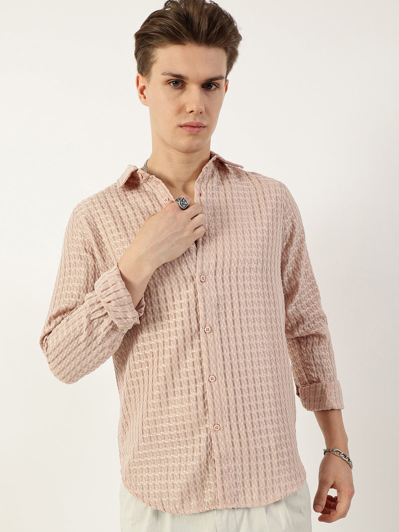 Thomas Scott Men Pink Premium Spread Collar Textured Solid Slim Fit Casual Shirt