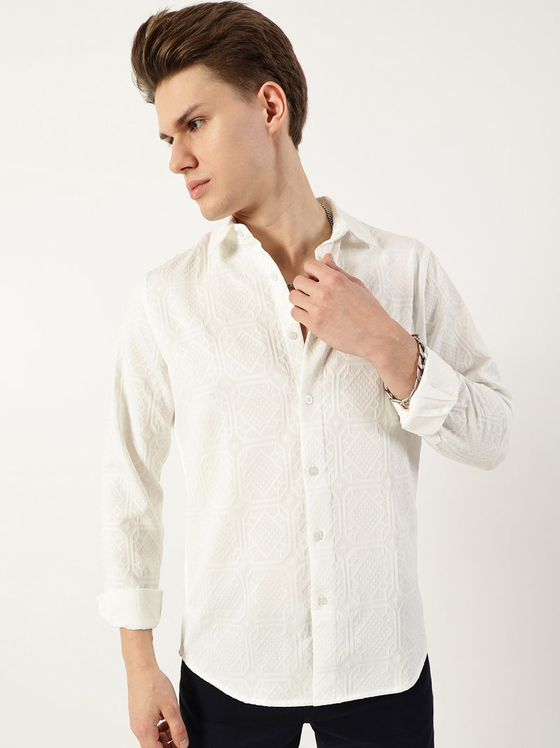 Thomas Scott Men White1 Premium Spread Collar Textured Solid Slim Fit Casual Shirt