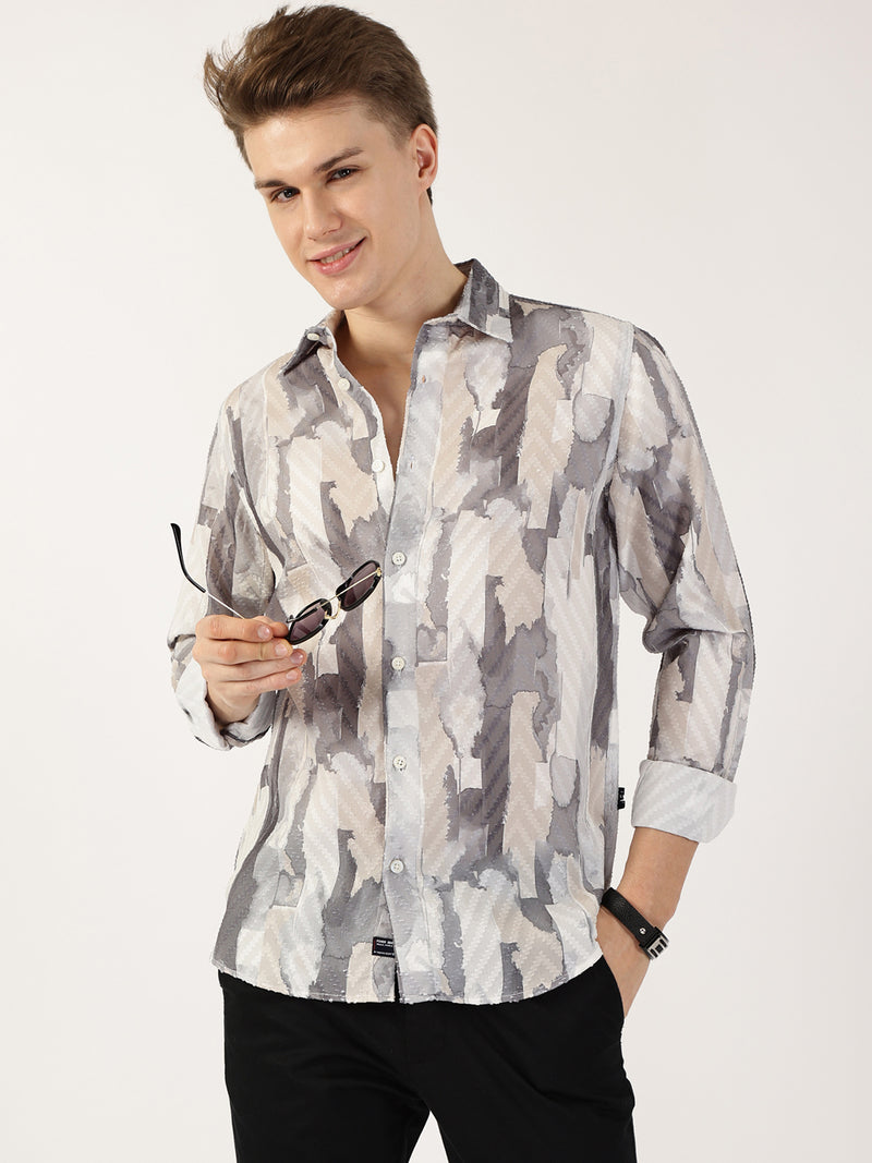 Thomas Scott Men Grey Premium Slim Fit Opaque Printed Casual Shirt