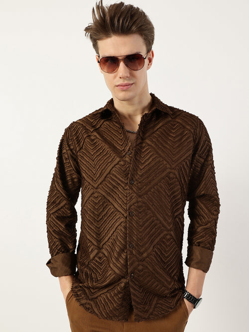 Thomas Scott Men Brown Premium Spread Collar Textured Solid Slim Fit Casual Shirt