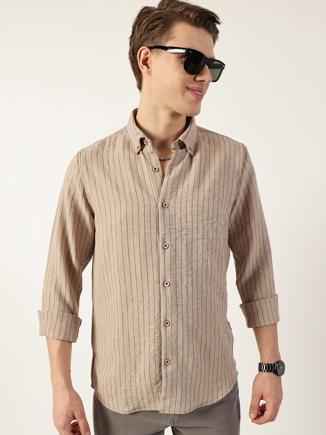 Thomas Scott Men Beige Premium Spread Collar Vertical Striped Slim Fit Casual Shirt