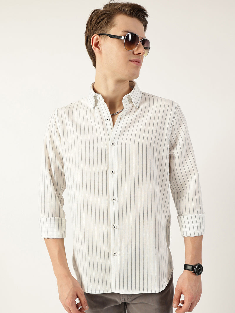 Thomas Scott Men White Premium Spread Collar Vertical Striped Slim Fit Casual Shirt