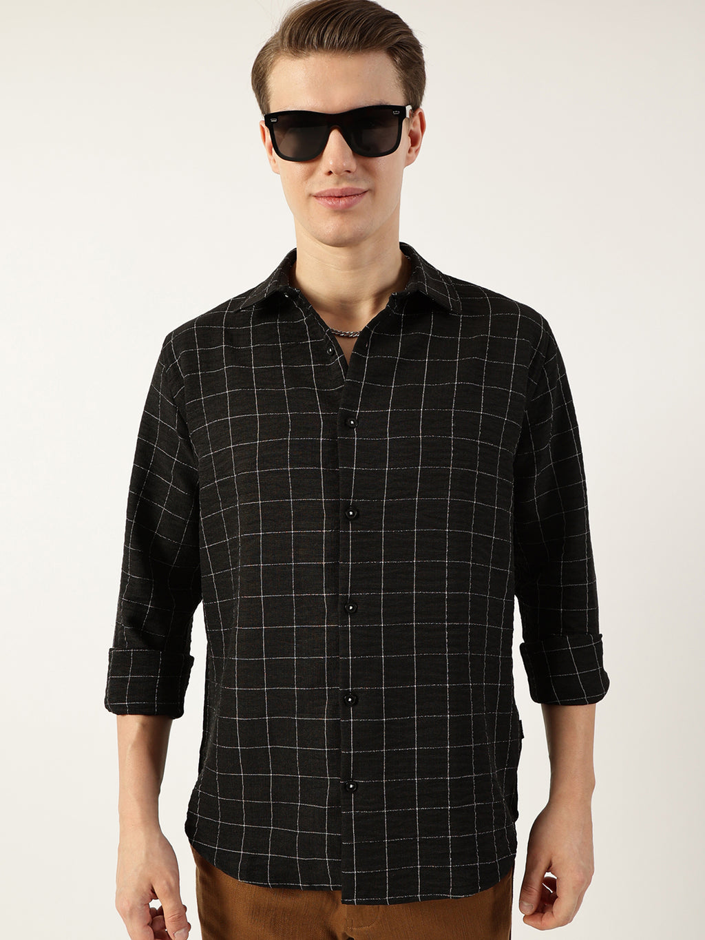 Thomas Scott Men Black Smart Spread Collar Windowpane Checked Slim Fit Casual Shirt