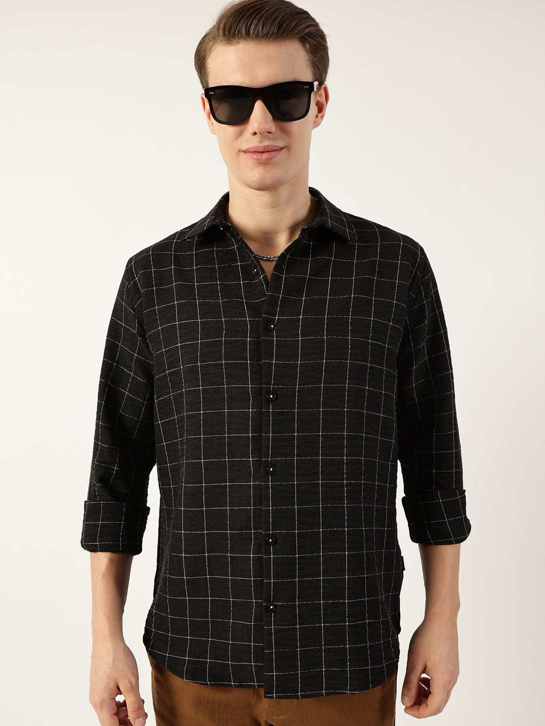 Thomas Scott Men Black Smart Spread Collar Windowpane Checked Slim Fit Casual Shirt