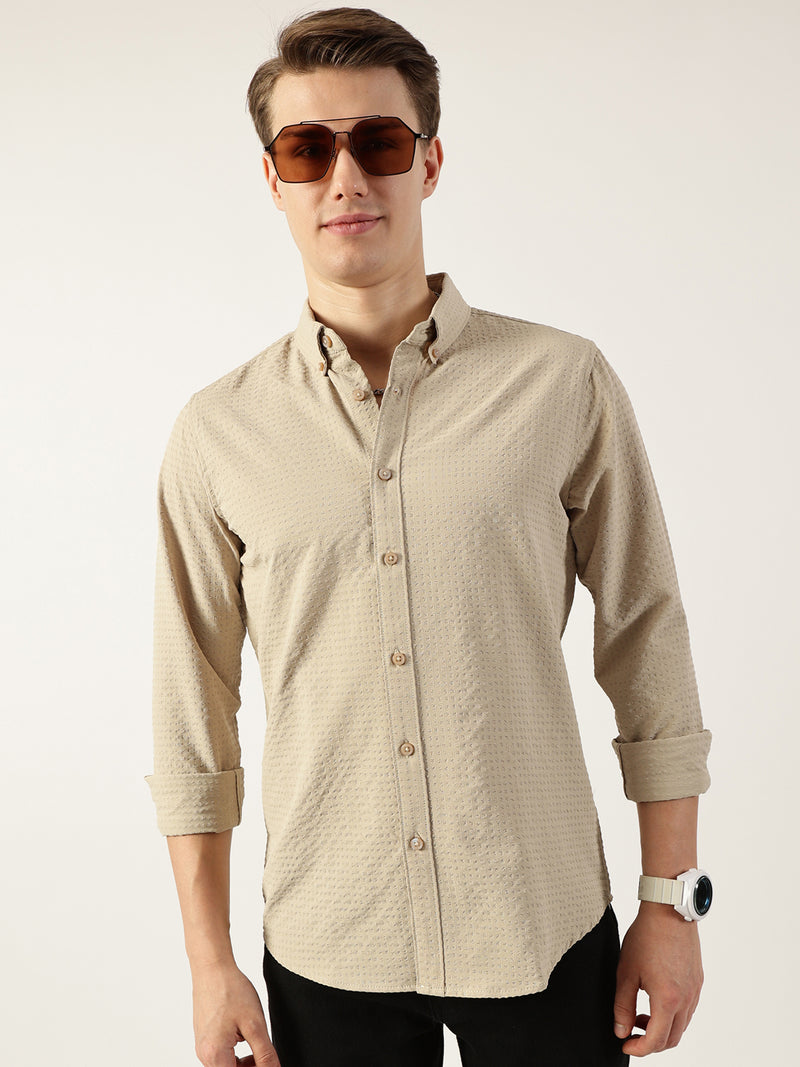 Thomas Scott Men Beige Smart Button-Down Collar Textured Solid Slim Fit Casual Shirt