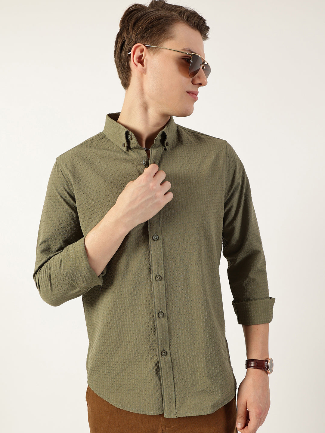 Thomas Scott Men Green Smart Button-Down Collar Textured Slim Fit Casual Shirt