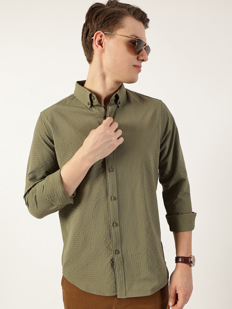 Thomas Scott Men Green Smart Button-Down Collar Textured Slim Fit Casual Shirt