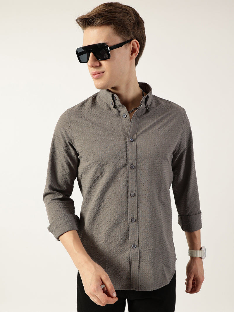 Thomas Scott Men Grey Smart Button-Down Collar Textured Slim Fit Casual Shirt