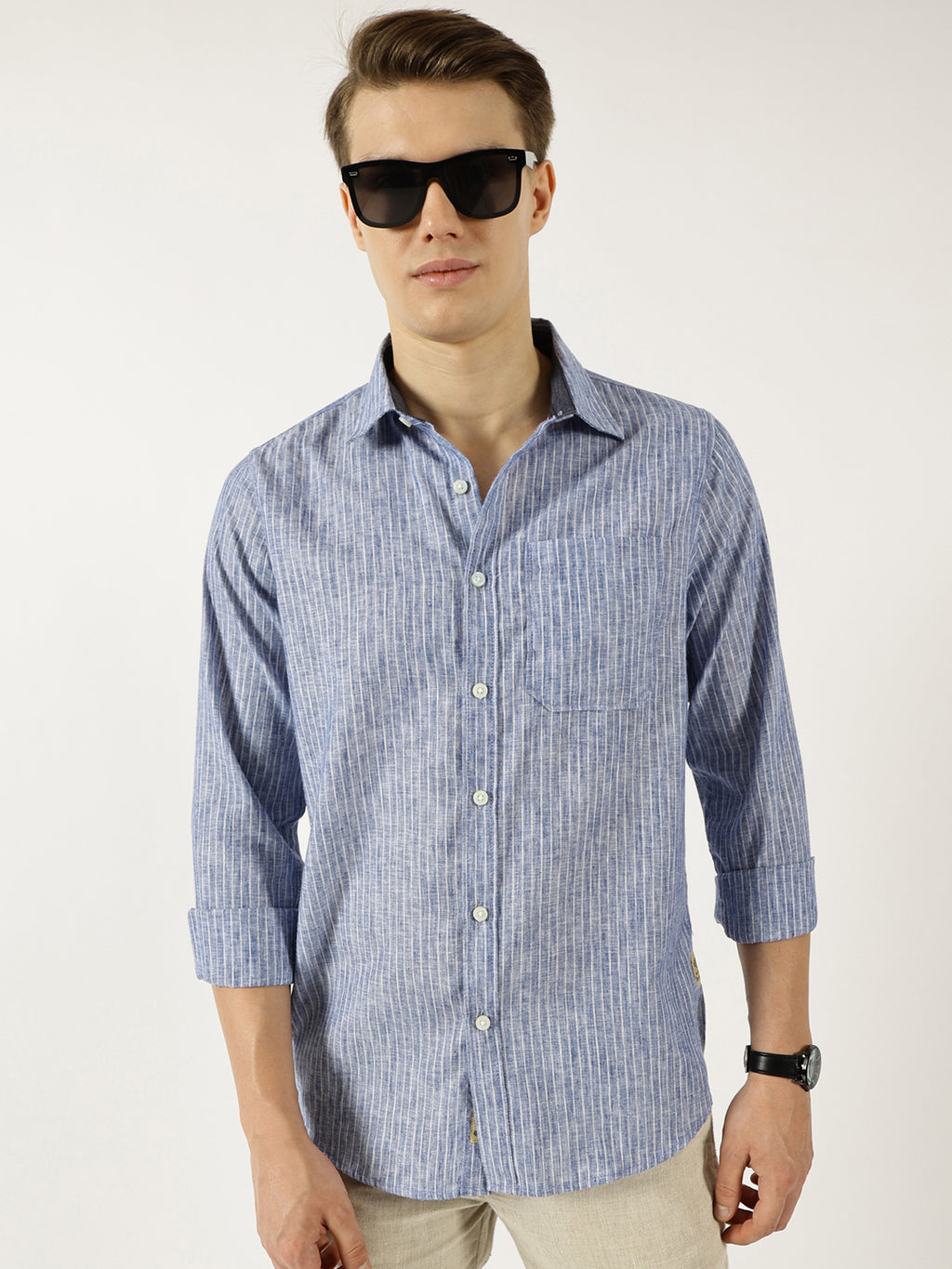 Thomas Scott Men Blue Classic Slim Fit Opaque Striped Casual Shirt