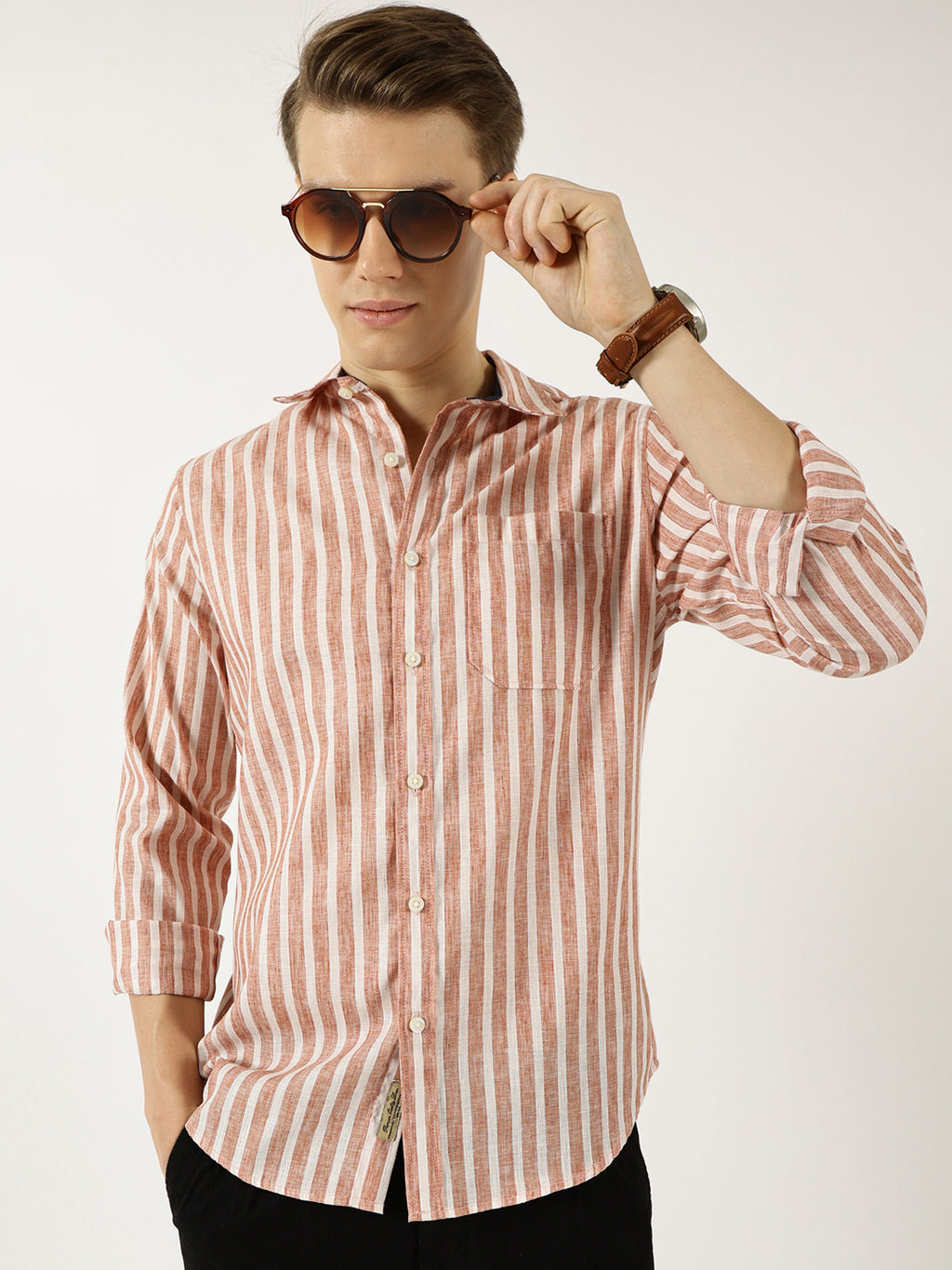 Thomas Scott Men Rust Classic Slim Fit Opaque Striped Casual Shirt
