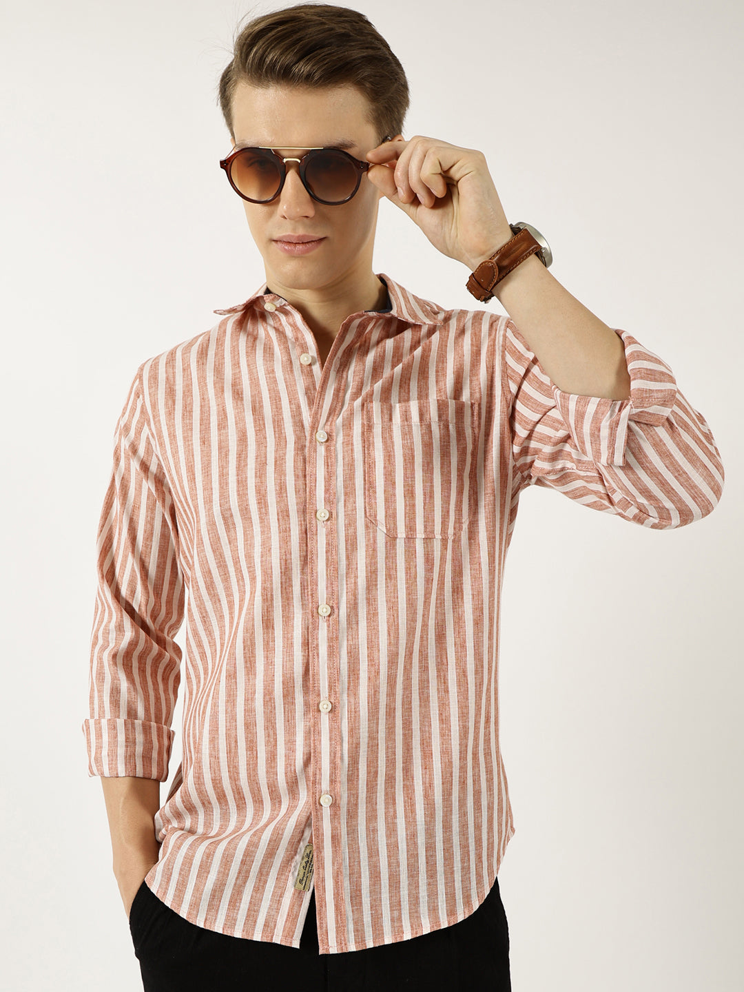 Thomas Scott Men Rust Classic Slim Fit Opaque Striped Casual Shirt