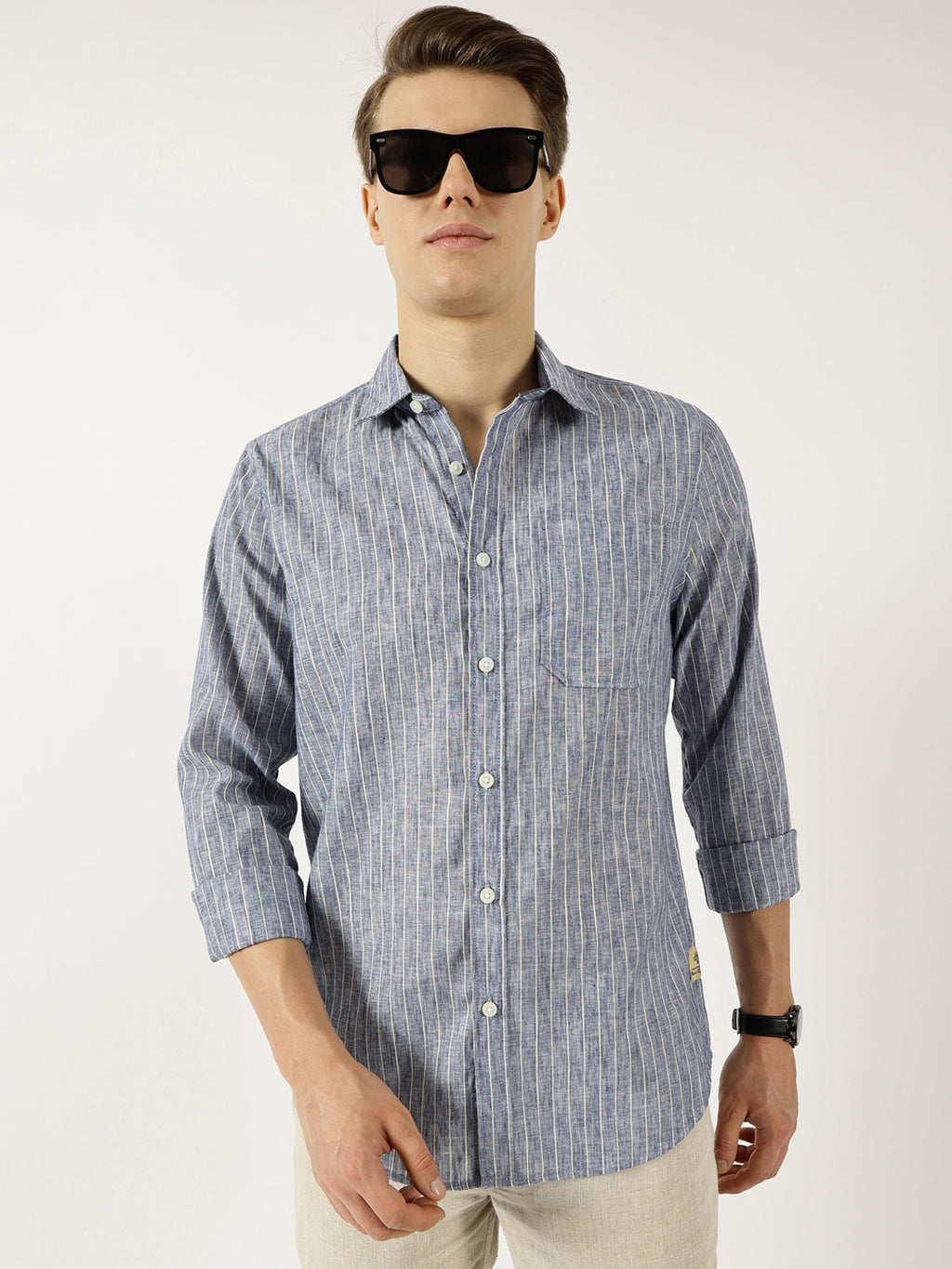 Thomas Scott Men Navy Classic Slim Fit Opaque Striped Casual Shirt