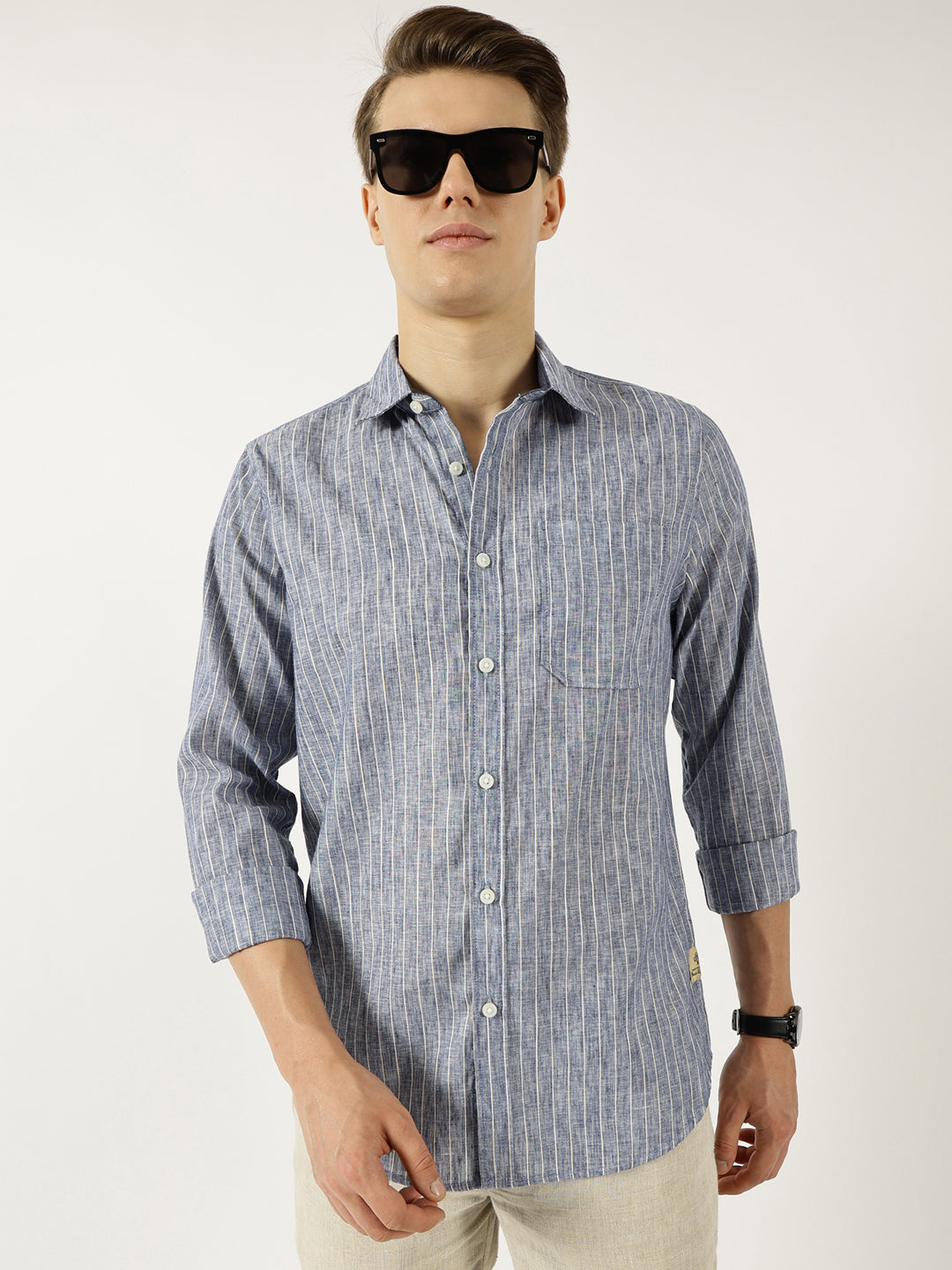Thomas Scott Men Navy Classic Slim Fit Opaque Striped Casual Shirt
