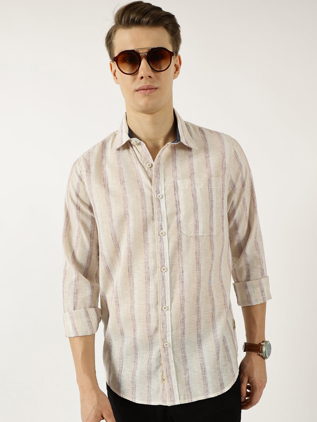 Thomas Scott Men Khaki Classic Spread Collar Vertical Striped Linen Slim Fit Casual Shirt