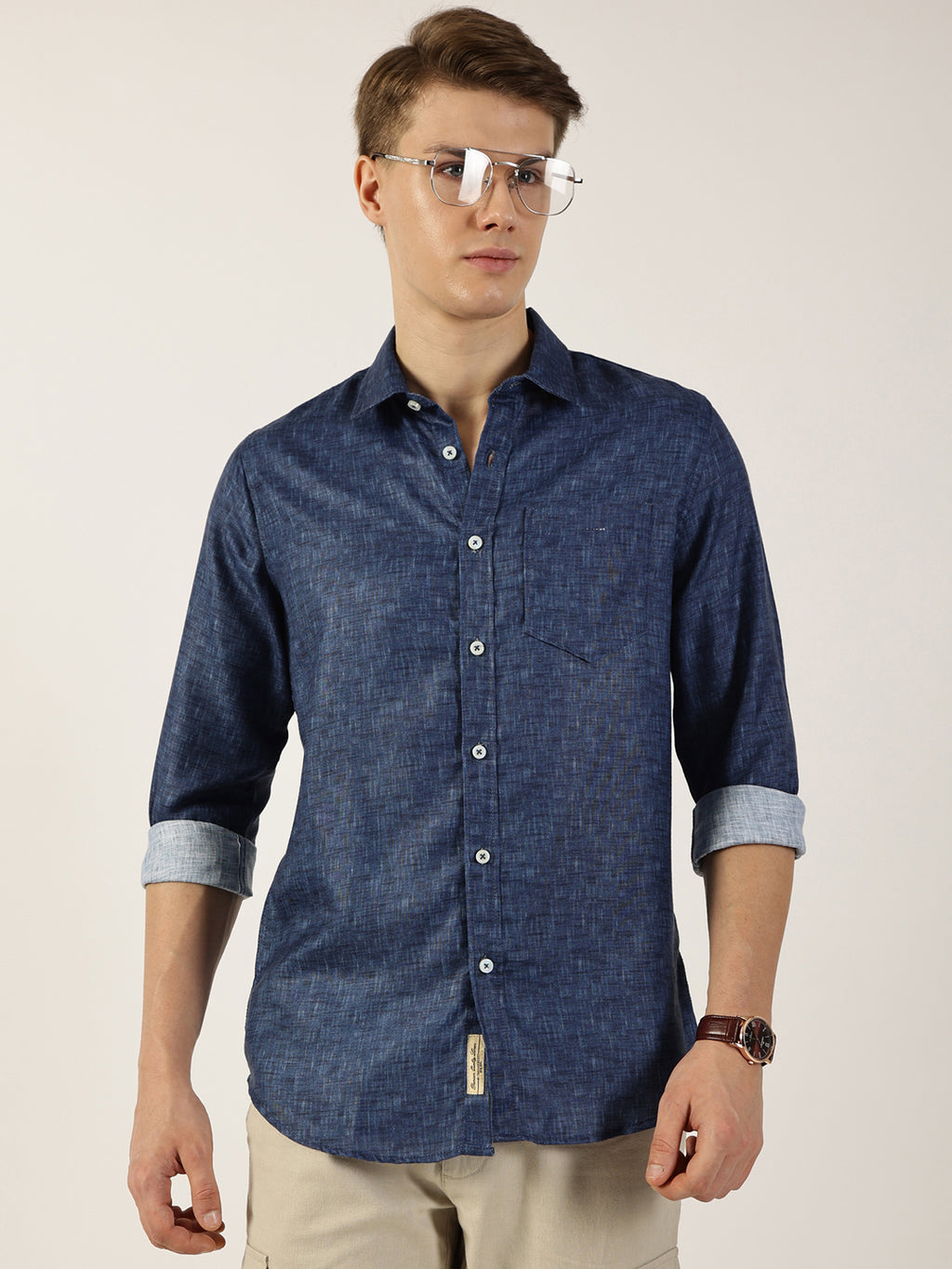 Thomas Scott Men Dark Blue Premium Slim Fit Opaque Casual Shirt