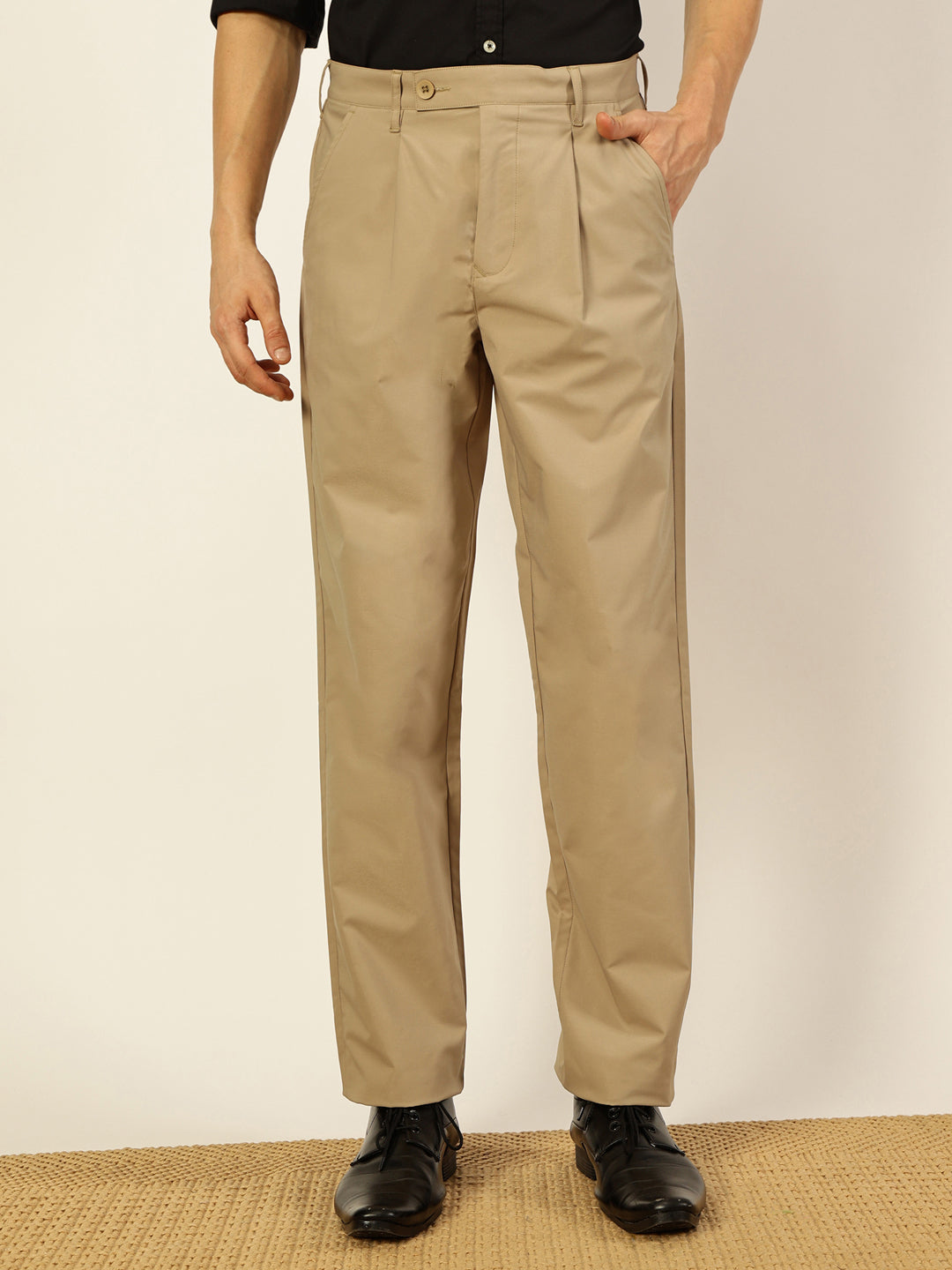 Thomas Scott Men Beige Mid-Rise Smart Pleated Trousers