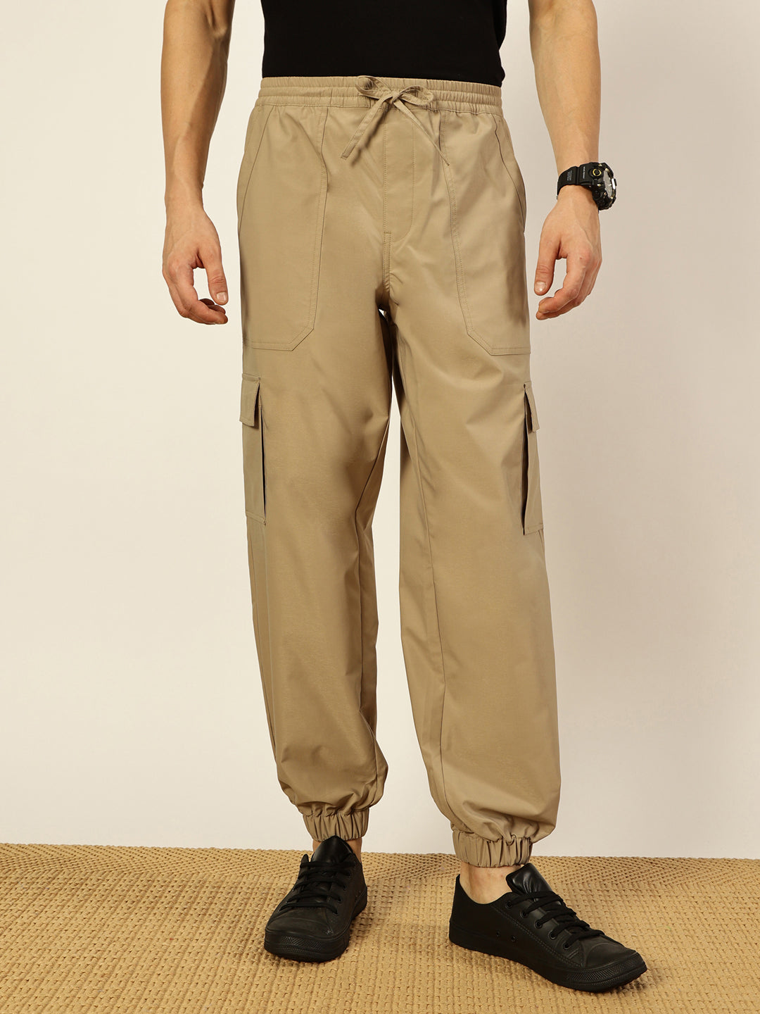 Thomas Scott Men Solid Smart Loose Fit Easy Wash Cargos Style Joggers