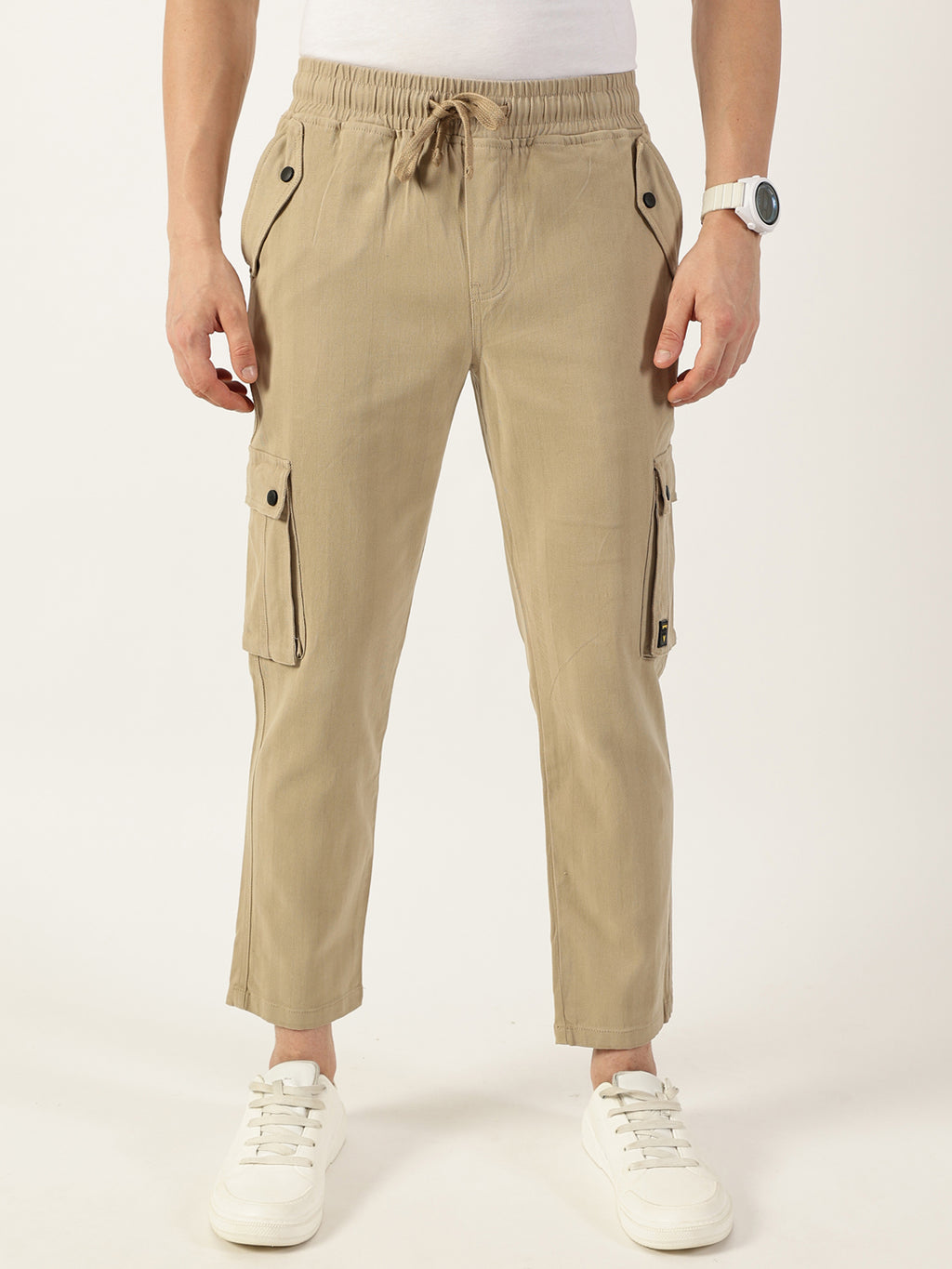 Thomas Scott Men Fawn Relaxed Loose Fit Easy Wash Cargos Trousers