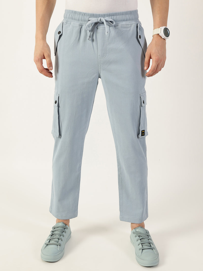 Thomas Scott Men Mid Blue Relaxed Loose Fit Easy Wash Cargos Trousers