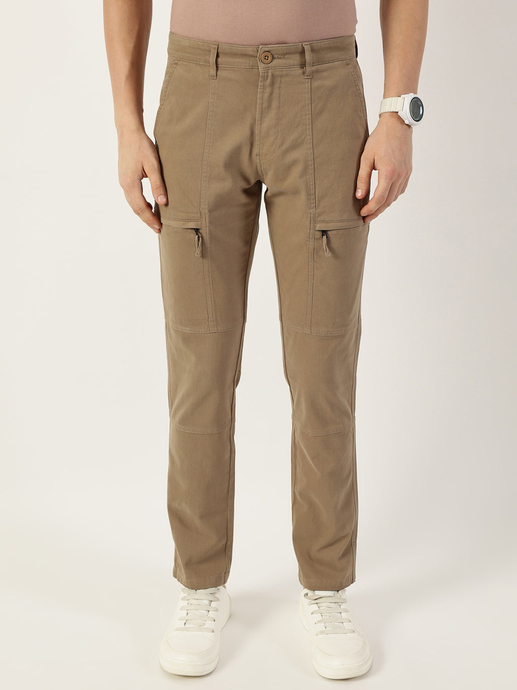 Thomas Scott Men Khaki Cotton Mid-Rise Regular Fit Trousers