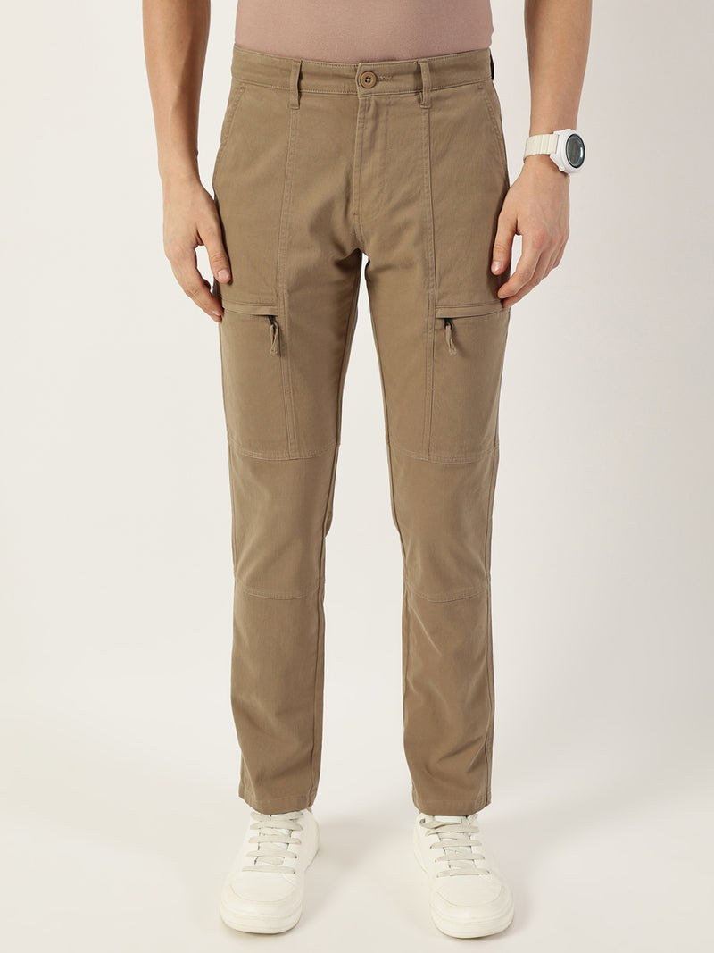 Thomas Scott Men Khaki Cotton Mid-Rise Regular Fit Trousers
