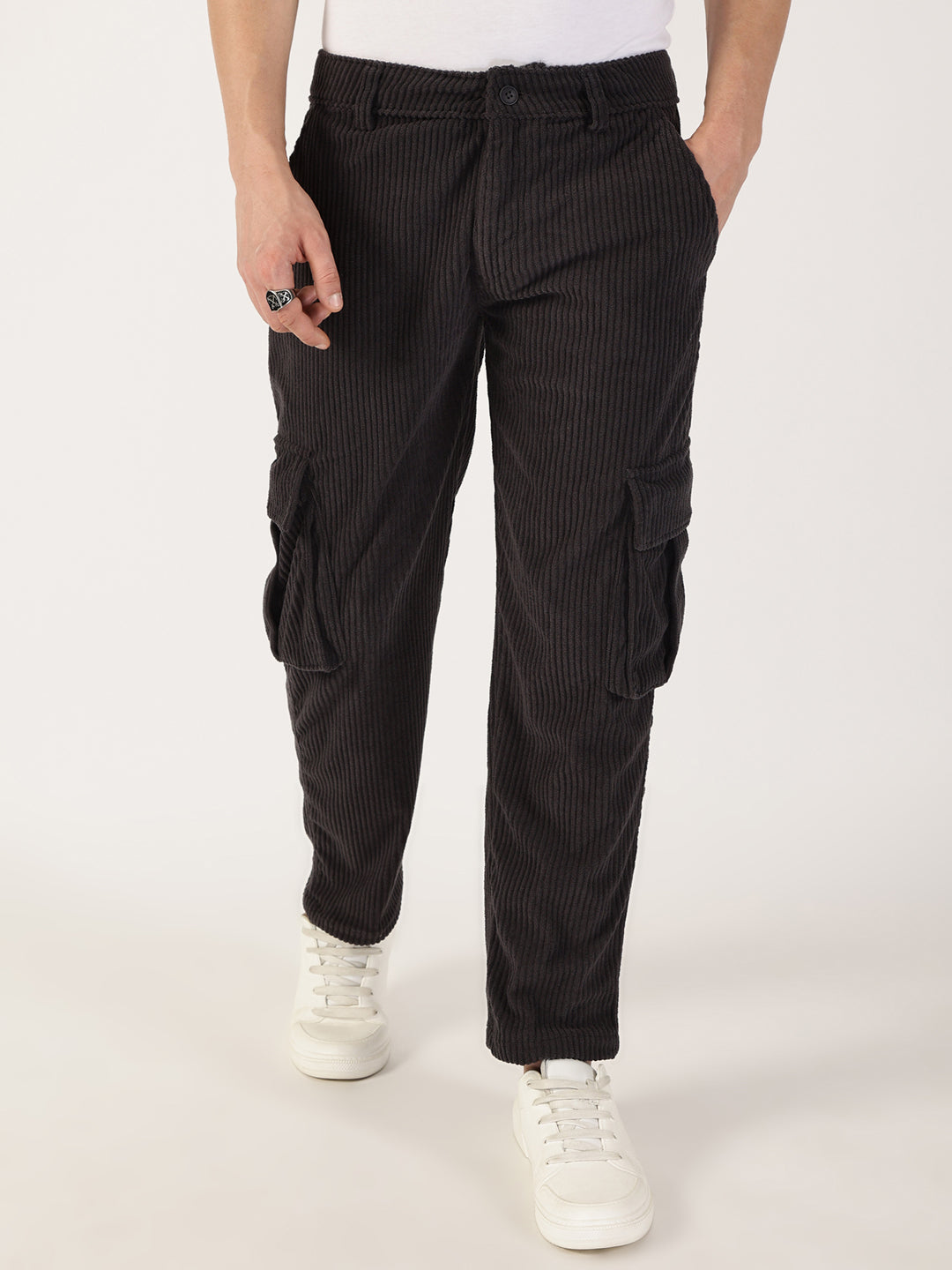 Thomas Scott Men Grey Striped Smart Regular Fit Mid-Rise Cargos