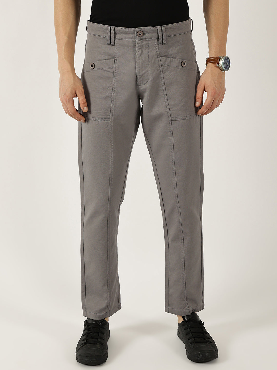 Thomas Scott Men Dark Grey Smart Easy Wash Cargos Trousers