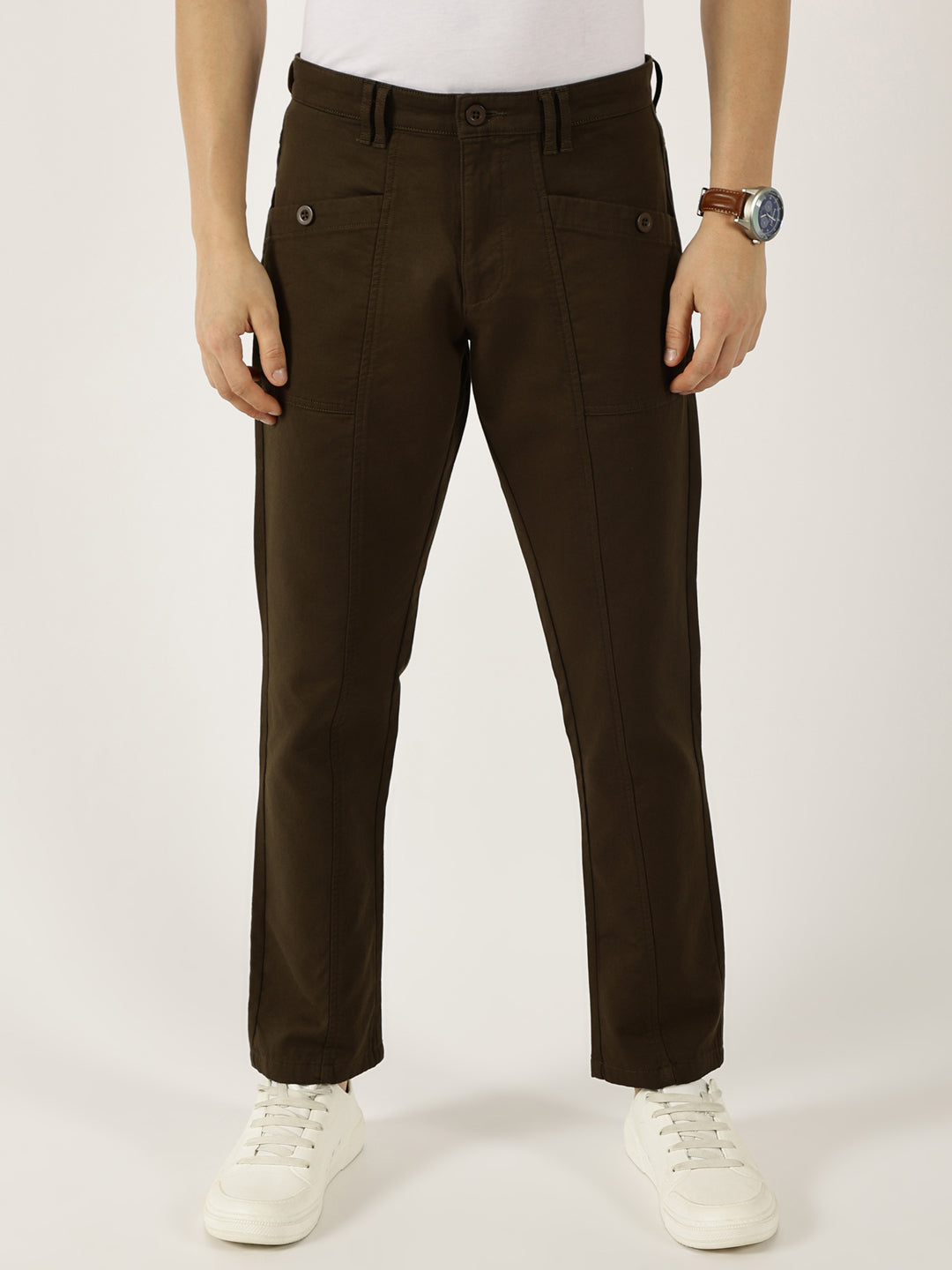 Thomas Scott Men Dark Olive Smart Easy Wash Cargos Trousers