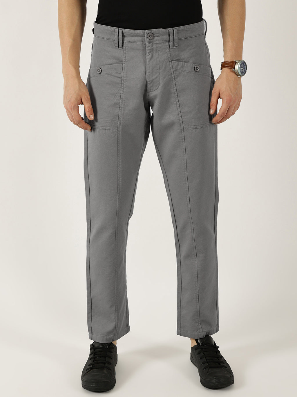 Thomas Scott Men Grey Smart Easy Wash Cargos Trousers