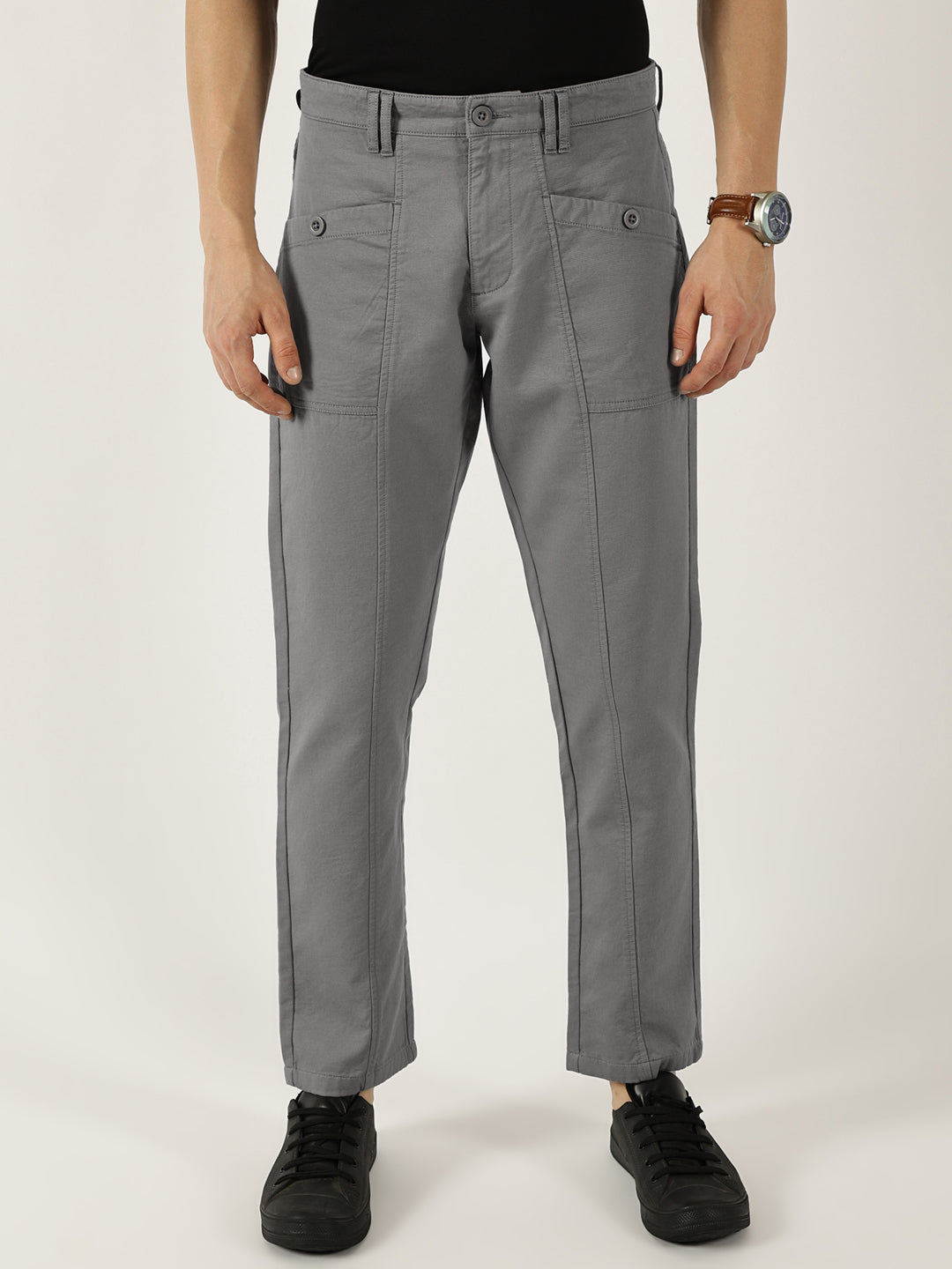 Thomas Scott Men Grey Smart Easy Wash Cargos Trousers