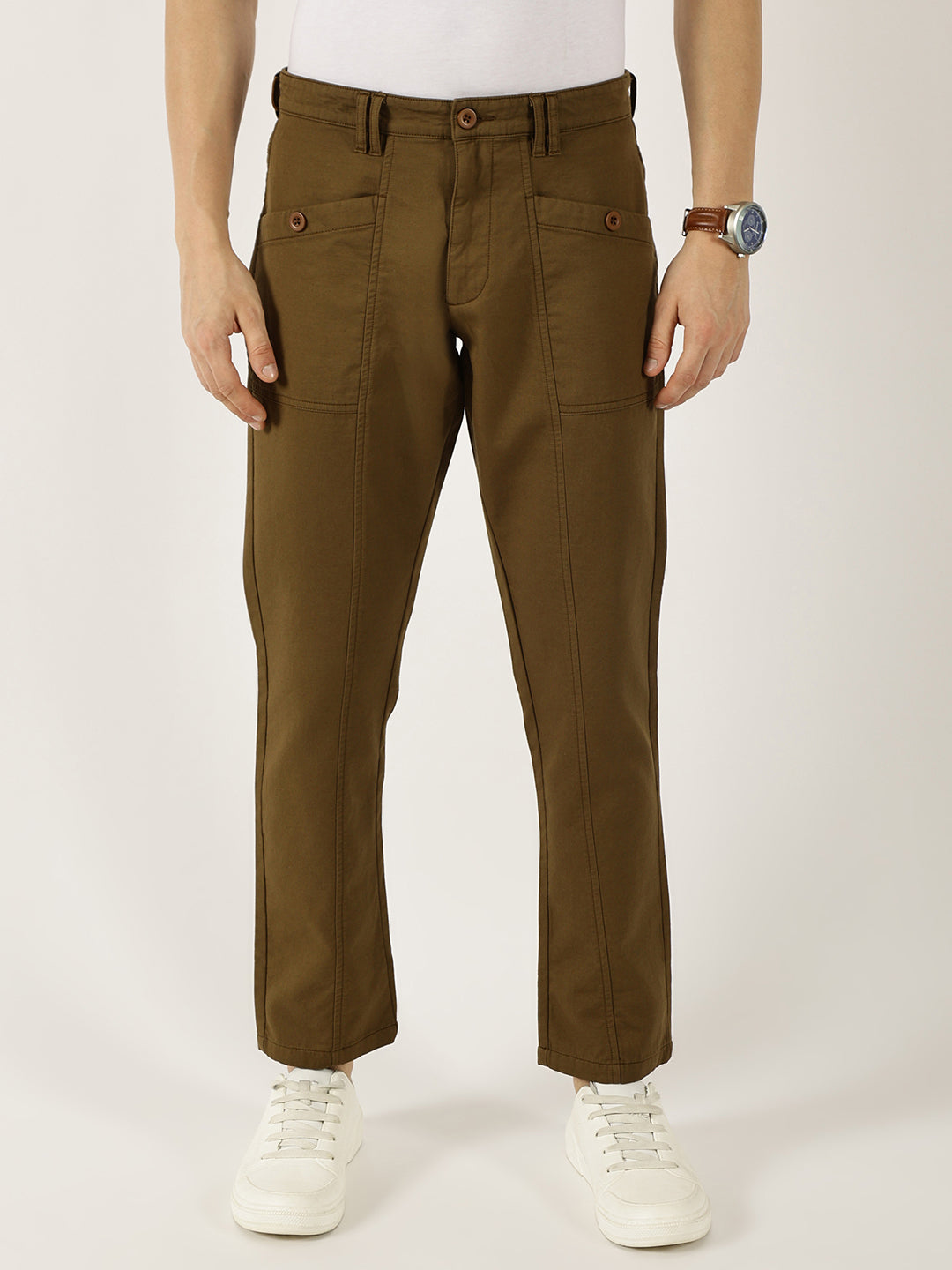 Thomas Scott Men Khaki Smart Easy Wash Cargos Trousers