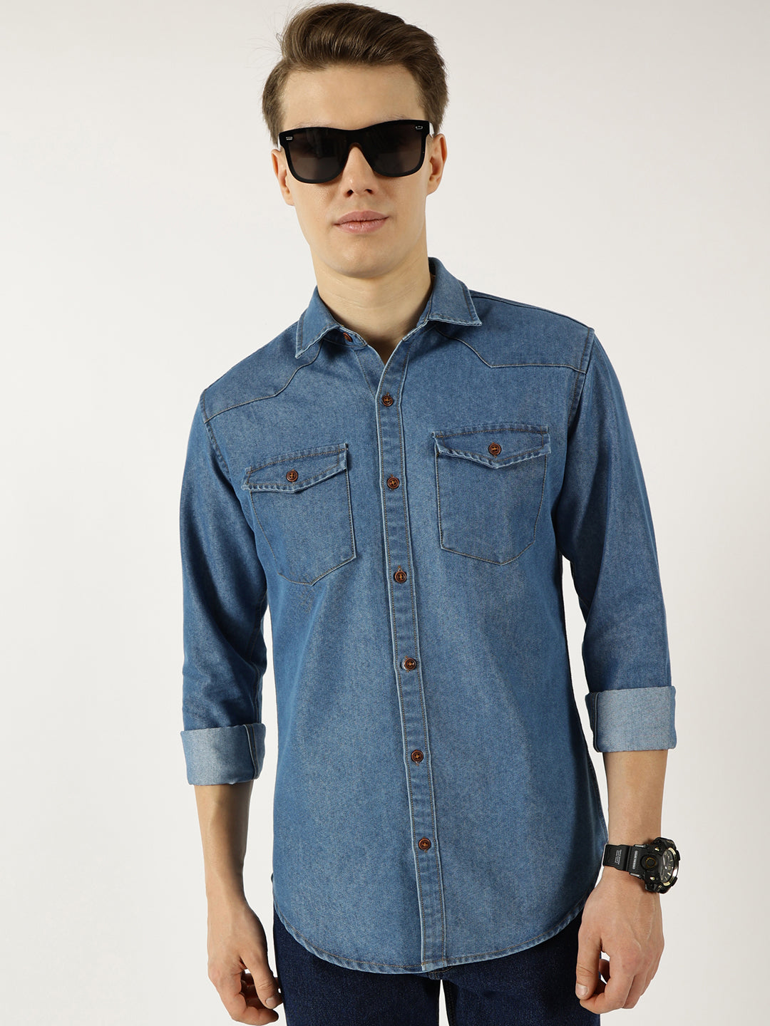 Thomas Scott Men MidBlue Classic Spread Collar Faded Cotton Slim Fit Casual Shirt