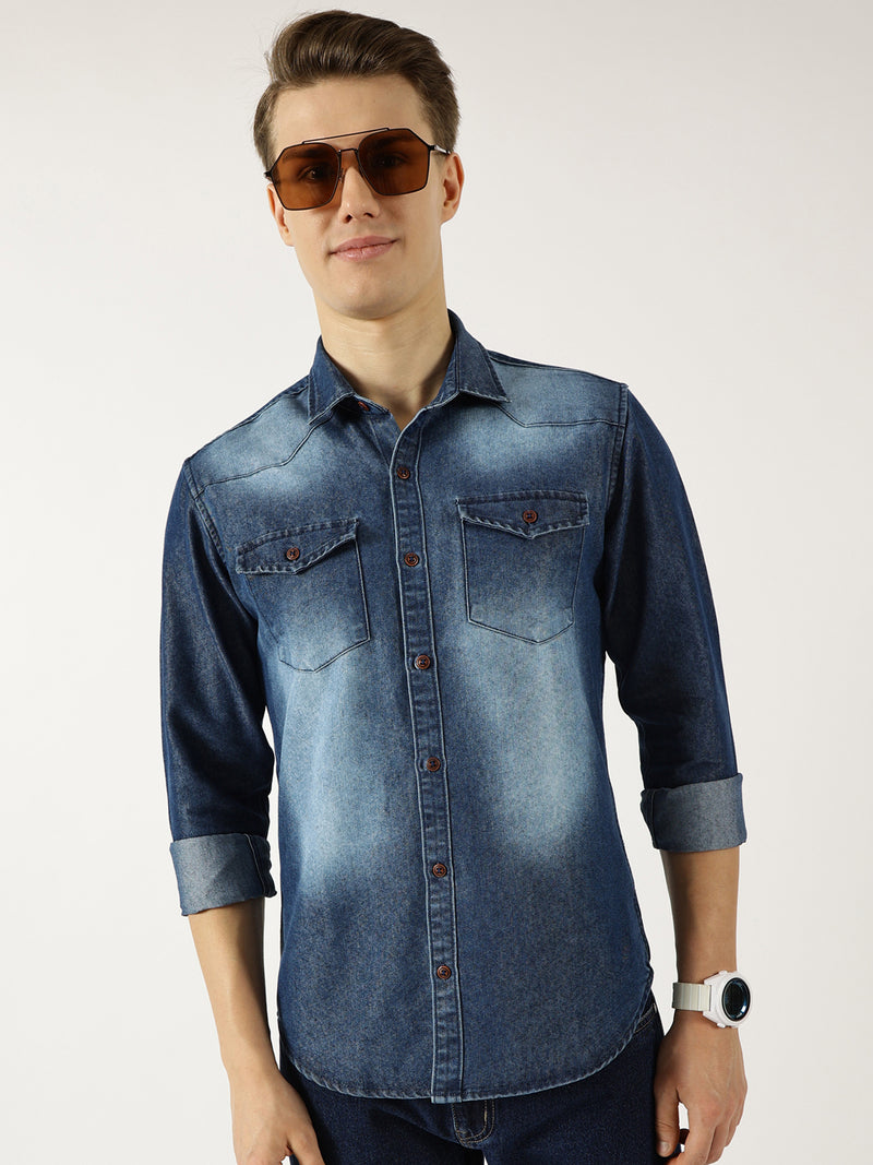 Thomas Scott Men DarkBlue Classic Spread Collar Faded Cotton Slim Fit Casual Shirt