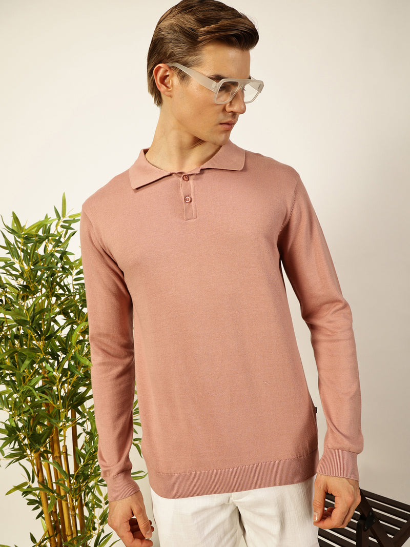 Thomas Scott Men Pink Knit Solid Polo Collar Cotton T-shirt
