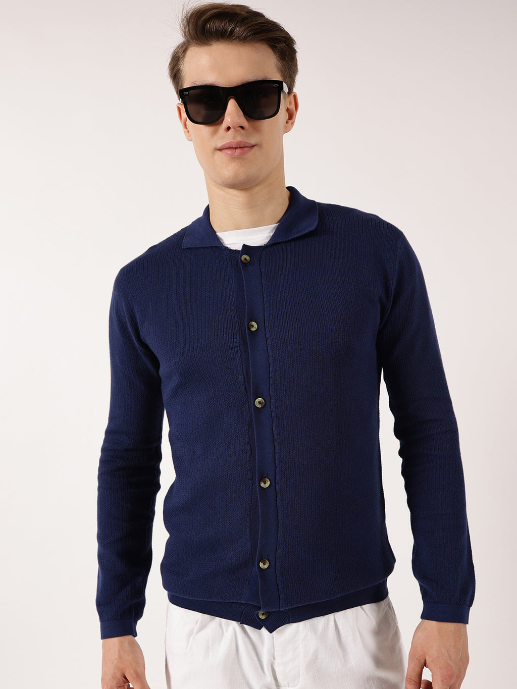 Thomas Scott Men Navy Shirt Collar Long Sleeves Cardigan