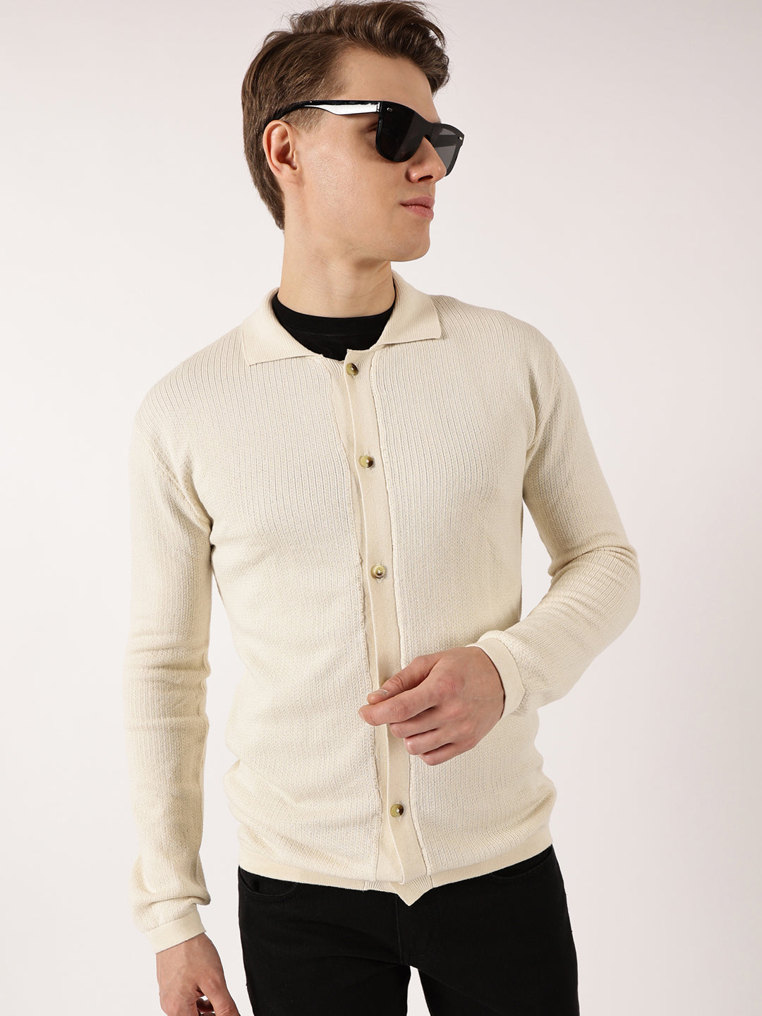 Thomas Scott Men Off White Ribbed Cotton Cardigan