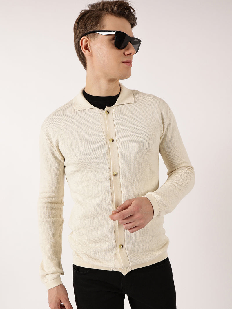 Thomas Scott Men Off White Ribbed Cotton Cardigan