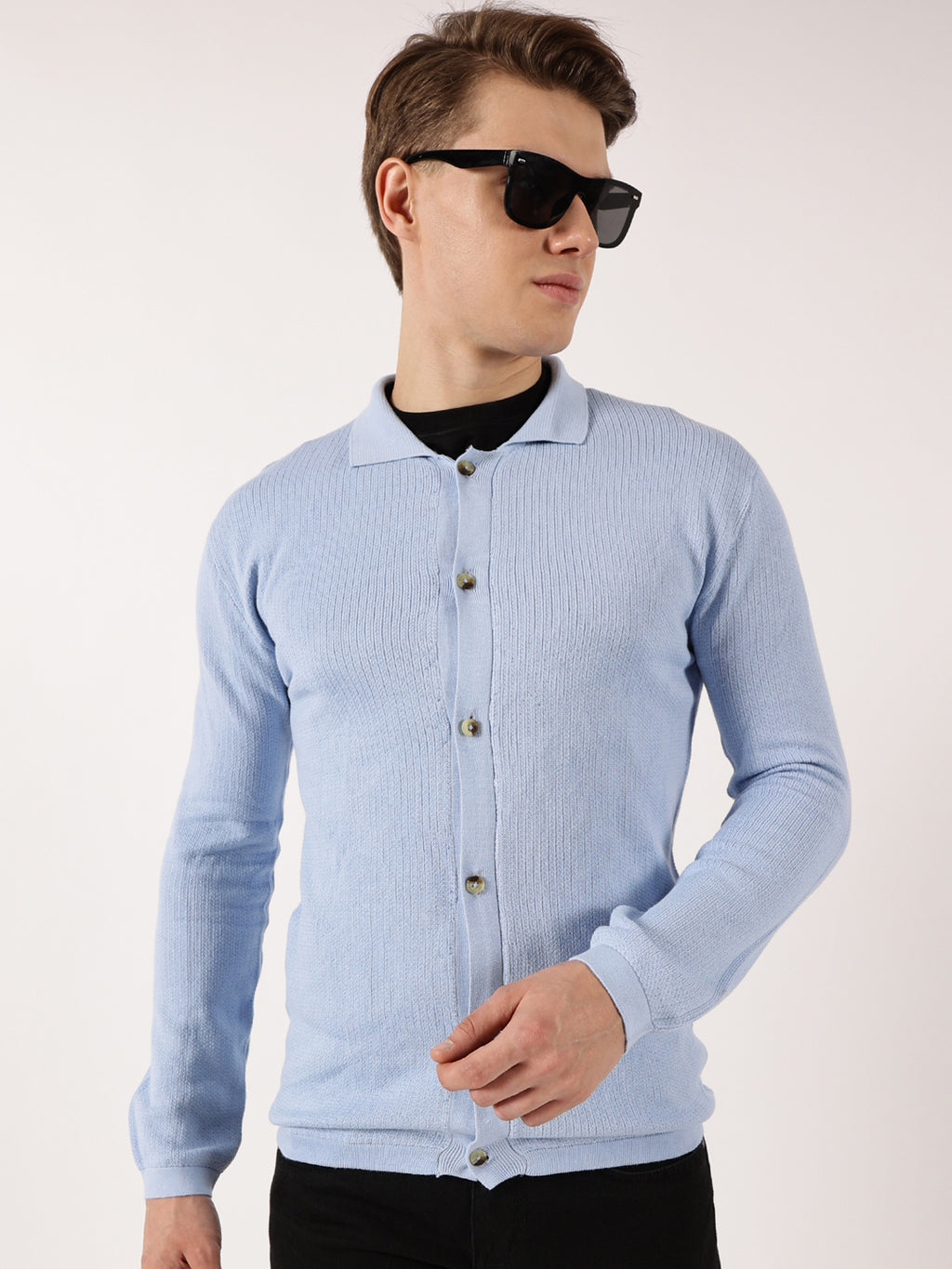 Thomas Scott Men Sky Blue Pure Cotton Ribbed Shirt Collar Cardigan Sweater