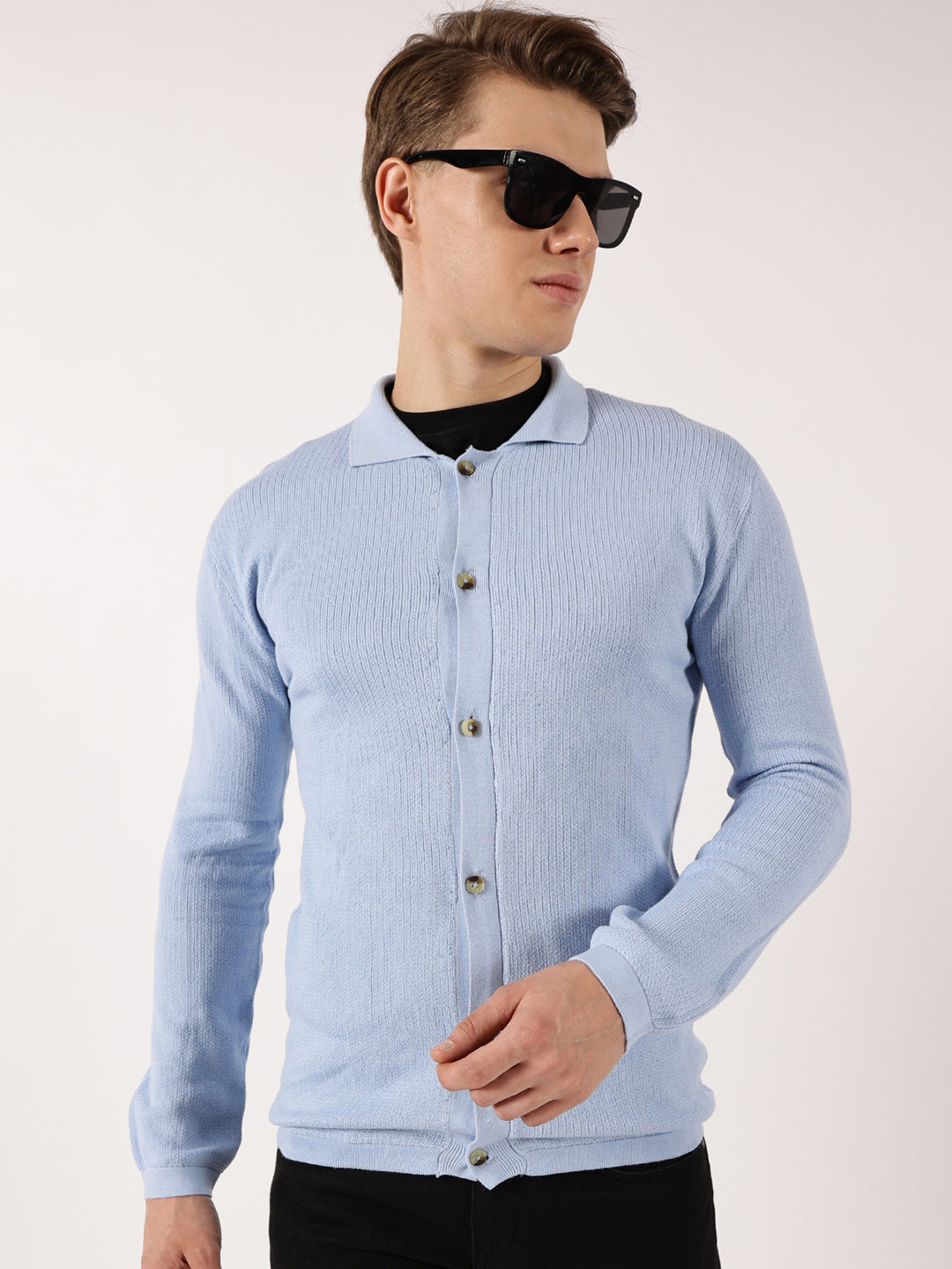 Thomas Scott Men Sky Blue Pure Cotton Ribbed Shirt Collar Cardigan Sweater