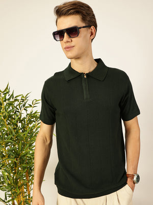 Thomas Scott Men Bottle Green Bio Finish Solid Polo Collar Cotton T-shirt