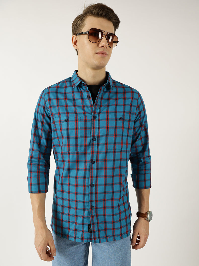 Thomas Scott Men Teal Classic Spread Collar Windowpane Checked Cotton Slim Fit Casual Shirt
