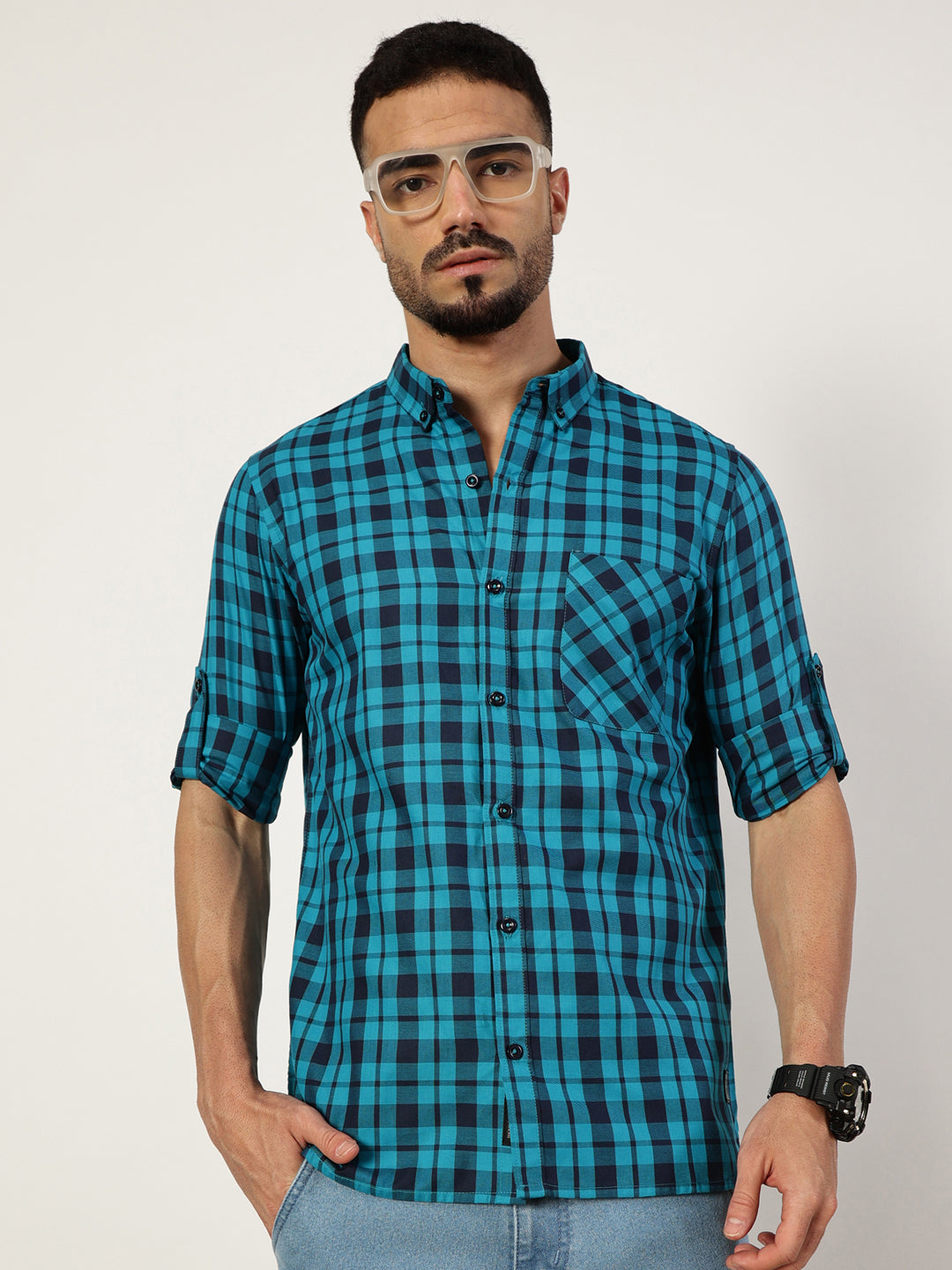 Thomas Scott Men Blue Premium Slim Fit Opaque Checked Casual Shirt