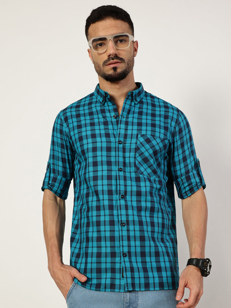 Thomas Scott Men Blue Premium Slim Fit Opaque Checked Casual Shirt