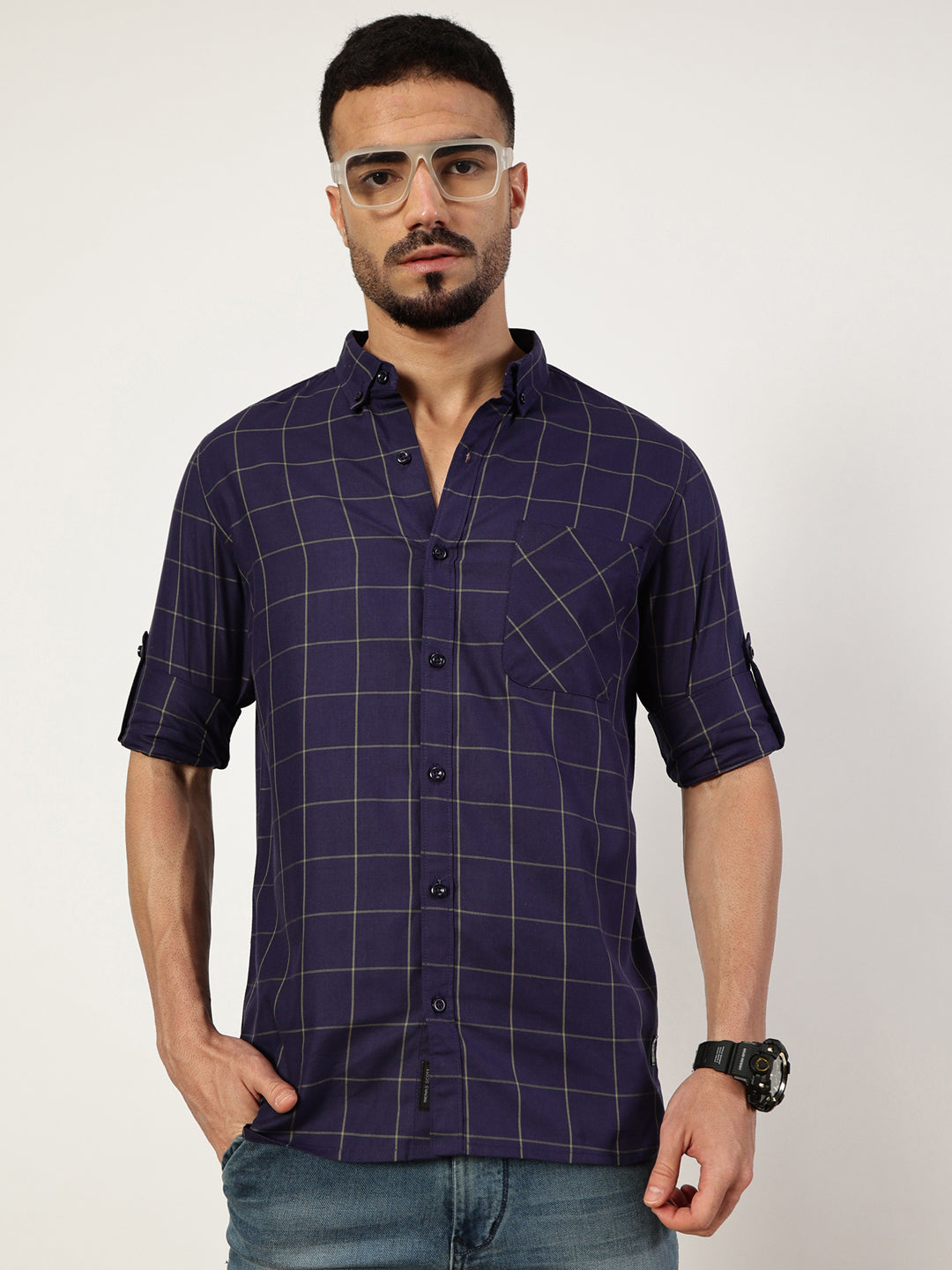 Thomas Scott Men Navy Blue Premium Slim Fit Opaque Checked Casual Shirt