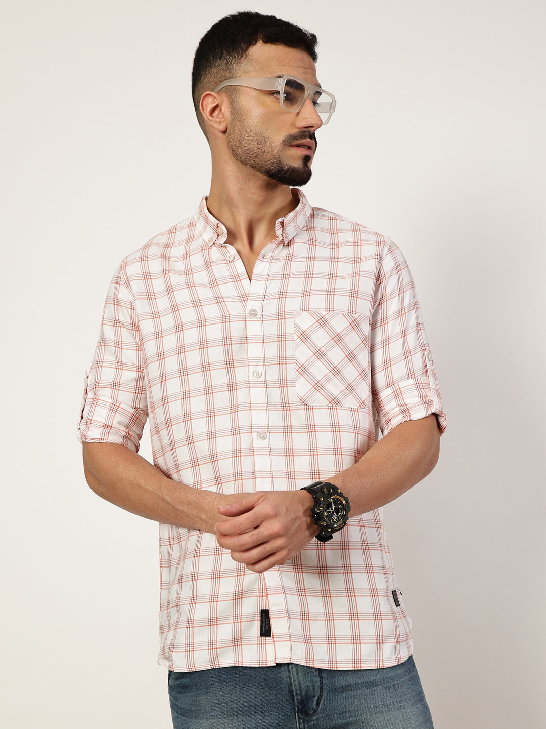 Thomas Scott Men White Premium Slim Fit Opaque Checked Casual Shirt