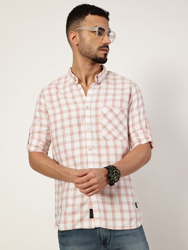 Thomas Scott Men White Premium Slim Fit Opaque Checked Casual Shirt